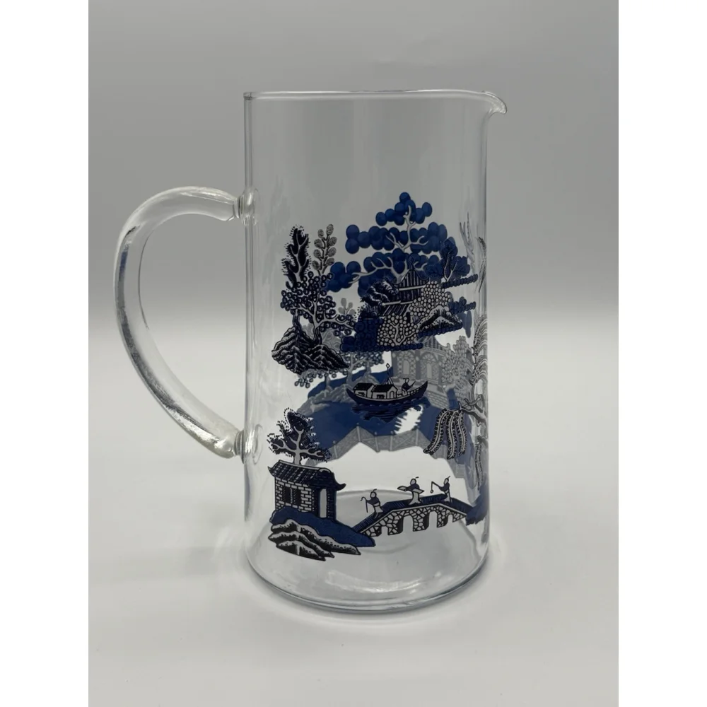 Vintage Glass Blue Willow Martini Pitcher w/ Applied Glass Handle